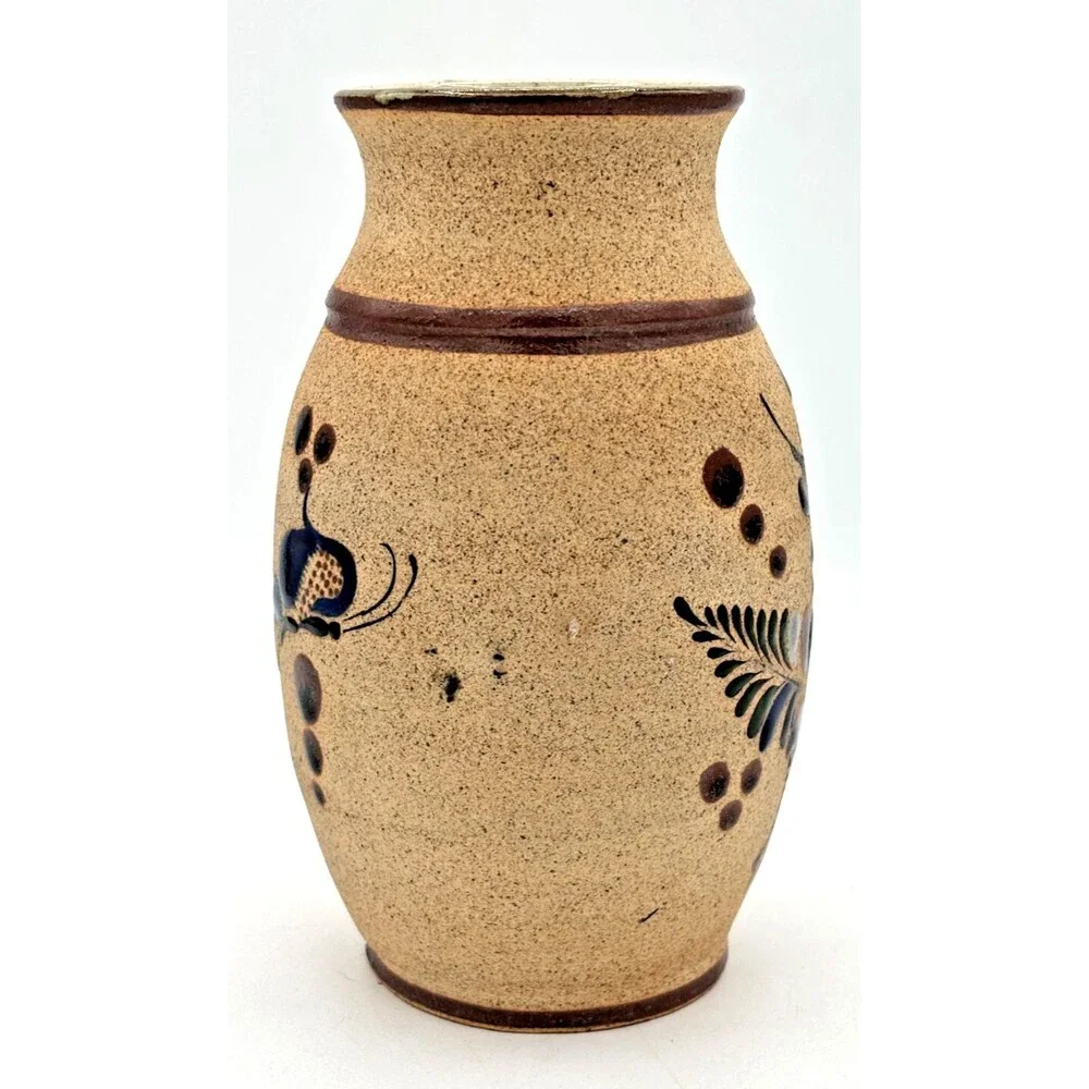 Netzi Tonala Pottery Burnished Clay Vase Hand-Painted Bird Floral Motif Signed‎